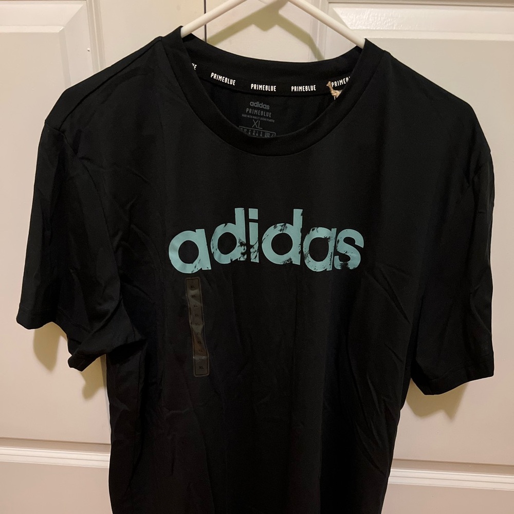 Adidas Men's Black Tee with Pale Blue Logo - Picture 1 of 9